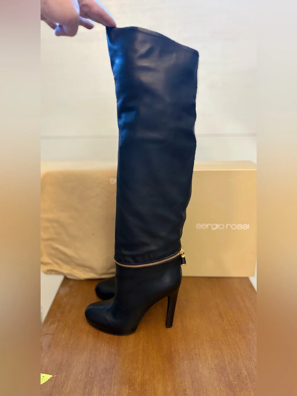 Sergio Rossi  Black Leather Over-the-Knee Zip-Detail Boots size 38.5
